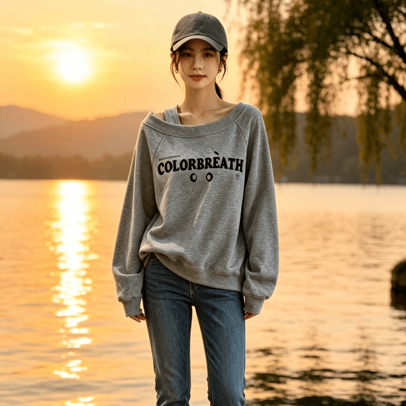 디자인 센스 Chic 오프숄더 비스듬한 어깨 가을 겨울 의류 후드티 느긋한 바람 프린트 여성 긴 소매 루즈핏 빅 사이즈 여성 의류 상세 이미지 3