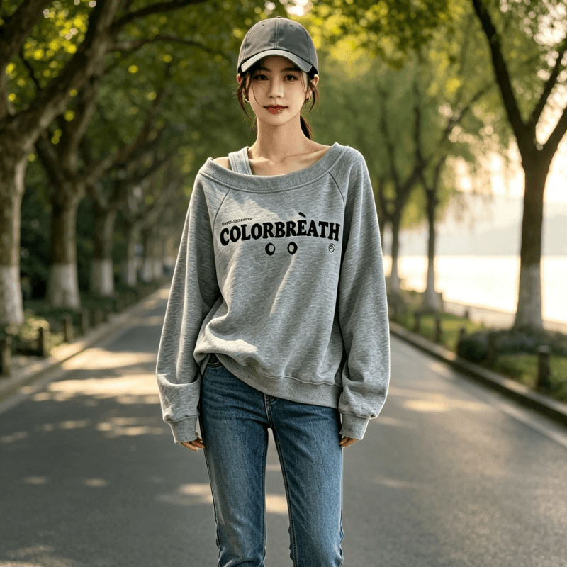디자인 센스 Chic 오프숄더 비스듬한 어깨 가을 겨울 의류 후드티 느긋한 바람 프린트 여성 긴 소매 루즈핏 빅 사이즈 여성 의류 상세 이미지 5