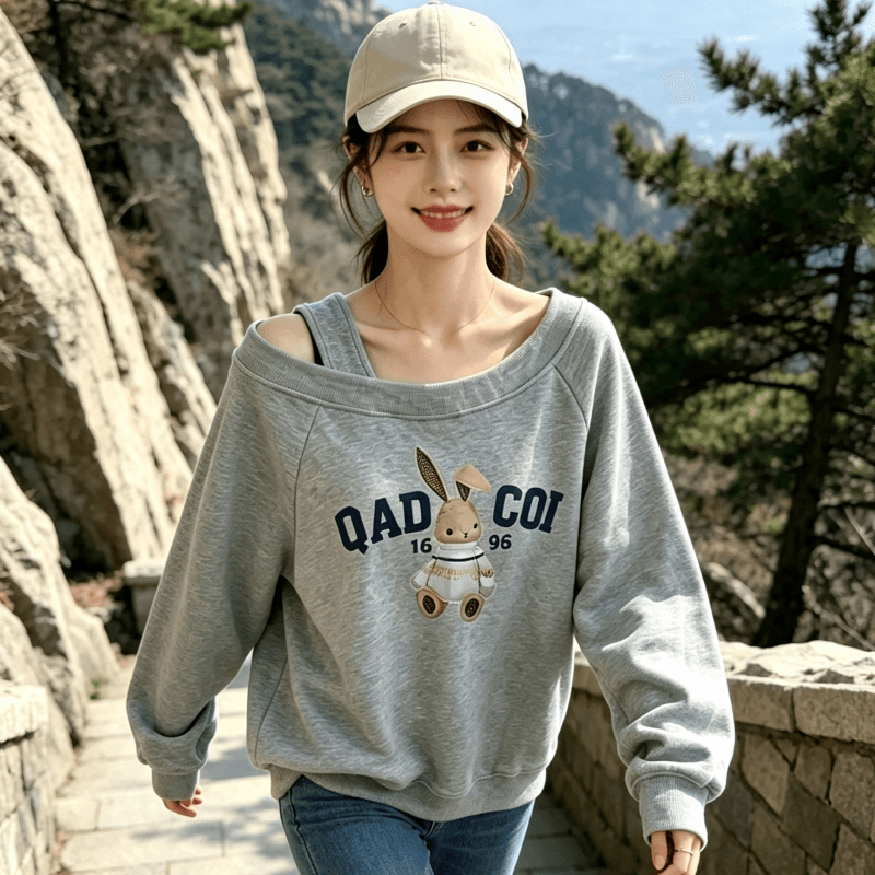 아메리칸 스타일 디자인 센스 Chic 오프숄더 비스듬한 어깨 가을 겨울 의류 후드티 느긋한 바람 프린트 여성 긴 소매 루즈핏 이미지 2