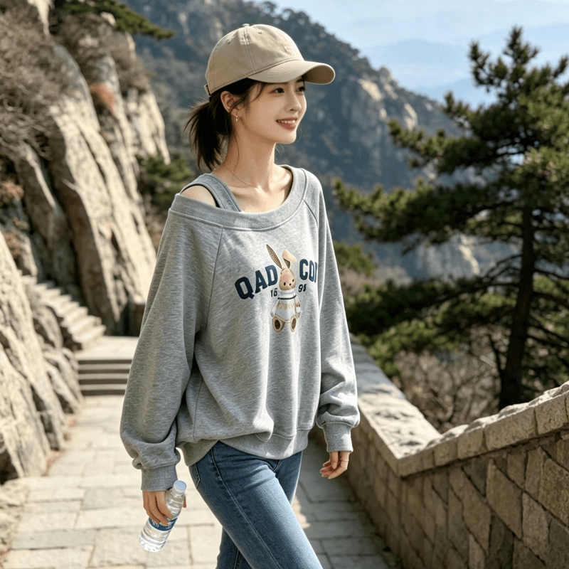 아메리칸 스타일 디자인 센스 Chic 오프숄더 비스듬한 어깨 가을 겨울 의류 후드티 느긋한 바람 프린트 여성 긴 소매 루즈핏 이미지 3