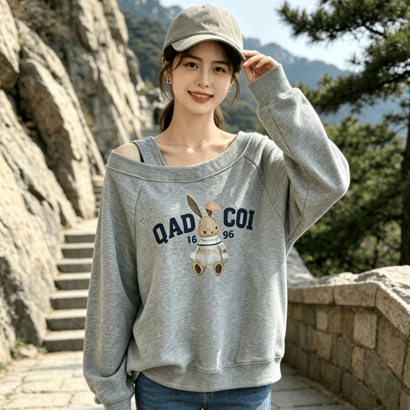 아메리칸 스타일 디자인 센스 Chic 오프숄더 비스듬한 어깨 가을 겨울 의류 후드티 느긋한 바람 프린트 여성 긴 소매 루즈핏 상세 이미지 6