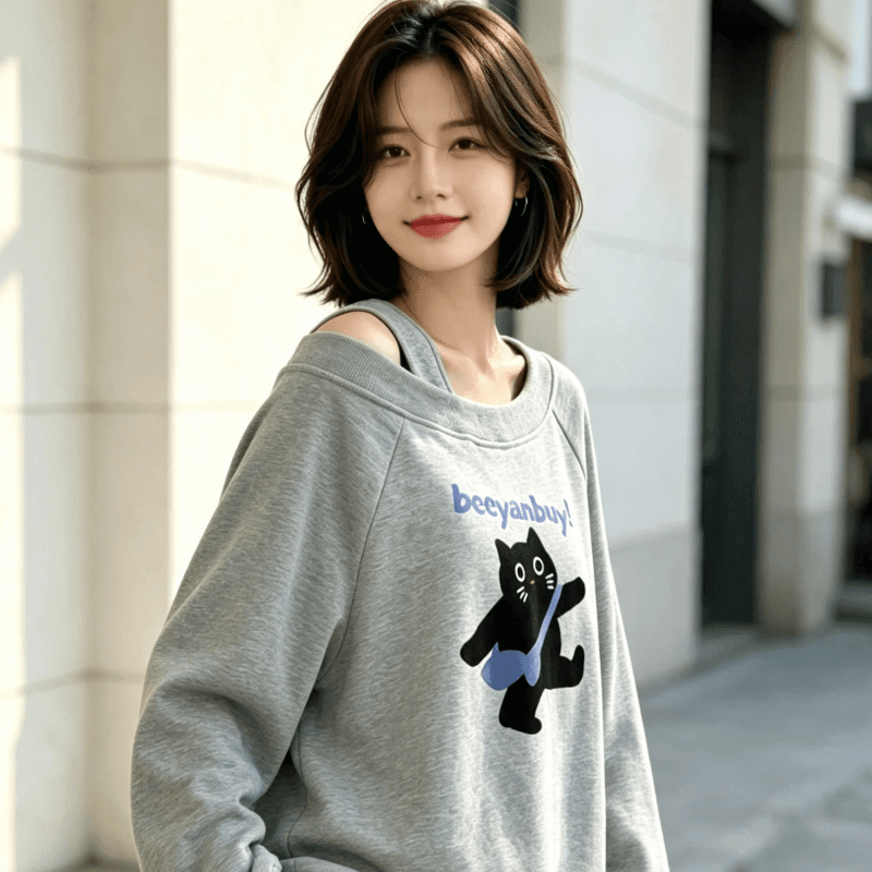 아메리칸 스타일 디자인 센스 Chic 오프숄더 비스듬한 어깨 가을 겨울 의류 후드티 느긋한 바람 프린트 여성 긴 소매 루즈핏 이미지 4