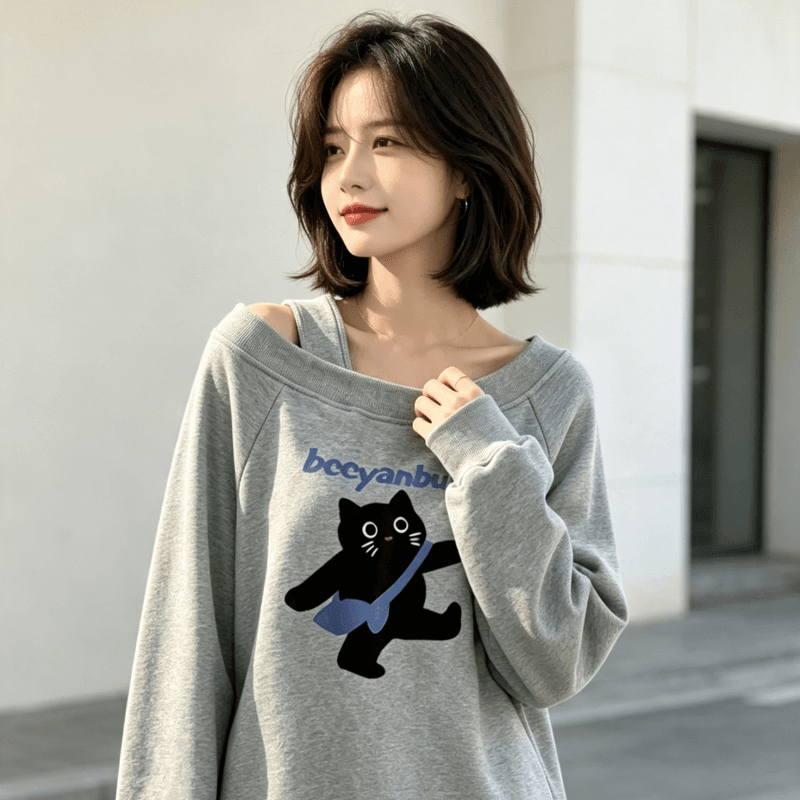 아메리칸 스타일 디자인 센스 Chic 오프숄더 비스듬한 어깨 가을 겨울 의류 후드티 느긋한 바람 프린트 여성 긴 소매 루즈핏