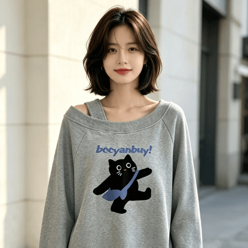 아메리칸 스타일 디자인 센스 Chic 오프숄더 비스듬한 어깨 가을 겨울 의류 후드티 느긋한 바람 프린트 여성 긴 소매 루즈핏 상세 이미지 3