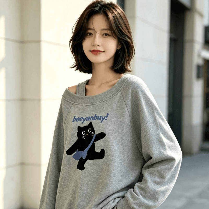 아메리칸 스타일 디자인 센스 Chic 오프숄더 비스듬한 어깨 가을 겨울 의류 후드티 느긋한 바람 프린트 여성 긴 소매 루즈핏 상세 이미지 6