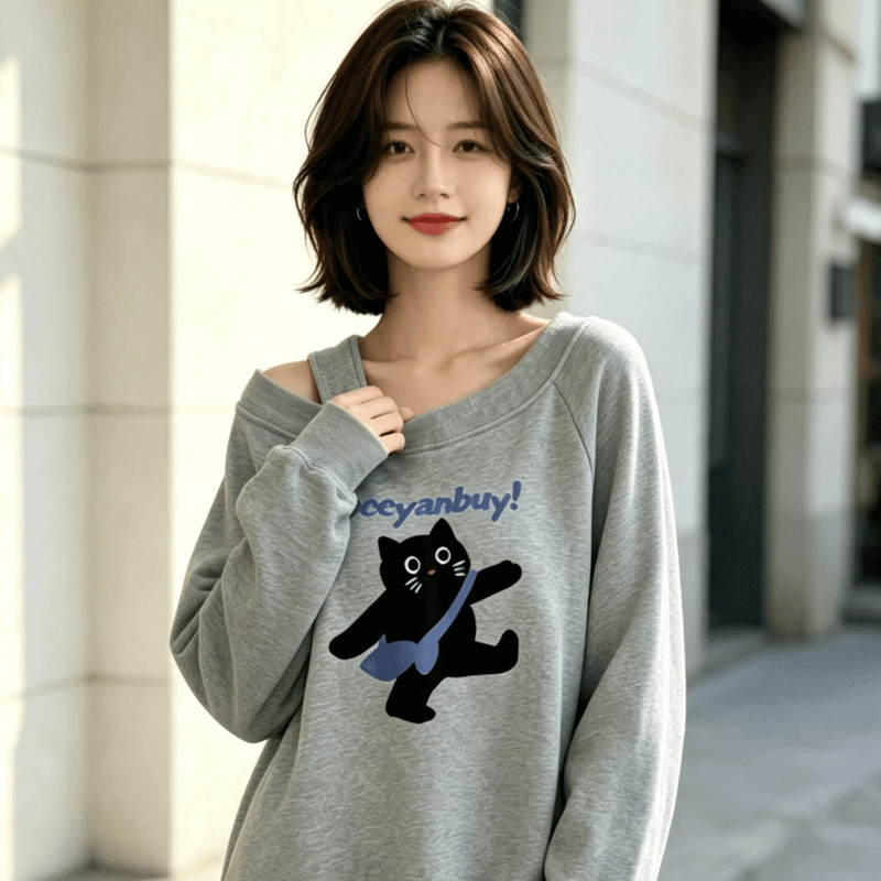 아메리칸 스타일 디자인 센스 Chic 오프숄더 비스듬한 어깨 가을 겨울 의류 후드티 느긋한 바람 프린트 여성 긴 소매 루즈핏 상세 이미지 7