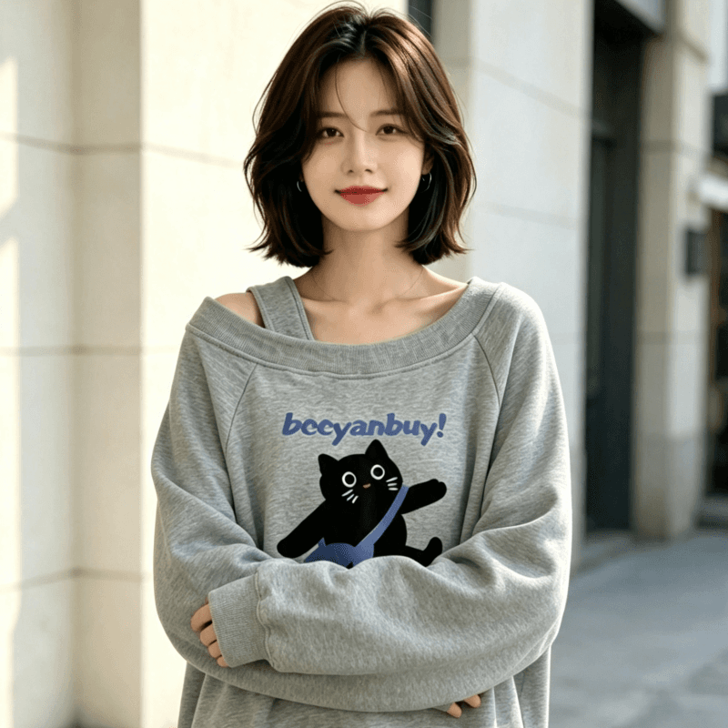 아메리칸 스타일 디자인 센스 Chic 오프숄더 비스듬한 어깨 가을 겨울 의류 후드티 느긋한 바람 프린트 여성 긴 소매 루즈핏 상세 이미지 8