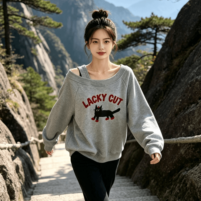 아메리칸 스타일 디자인 센스 Chic 오프숄더 비스듬한 어깨 가을 겨울 의류 후드티 느긋한 바람 프린트 여성 긴 소매 루즈핏 이미지 2