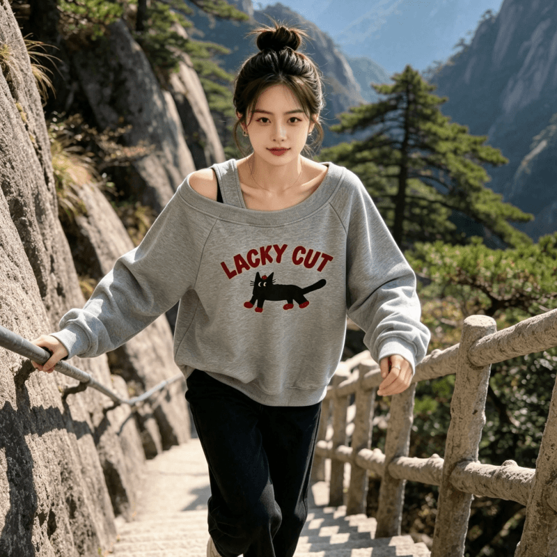 아메리칸 스타일 디자인 센스 Chic 오프숄더 비스듬한 어깨 가을 겨울 의류 후드티 느긋한 바람 프린트 여성 긴 소매 루즈핏 이미지 4