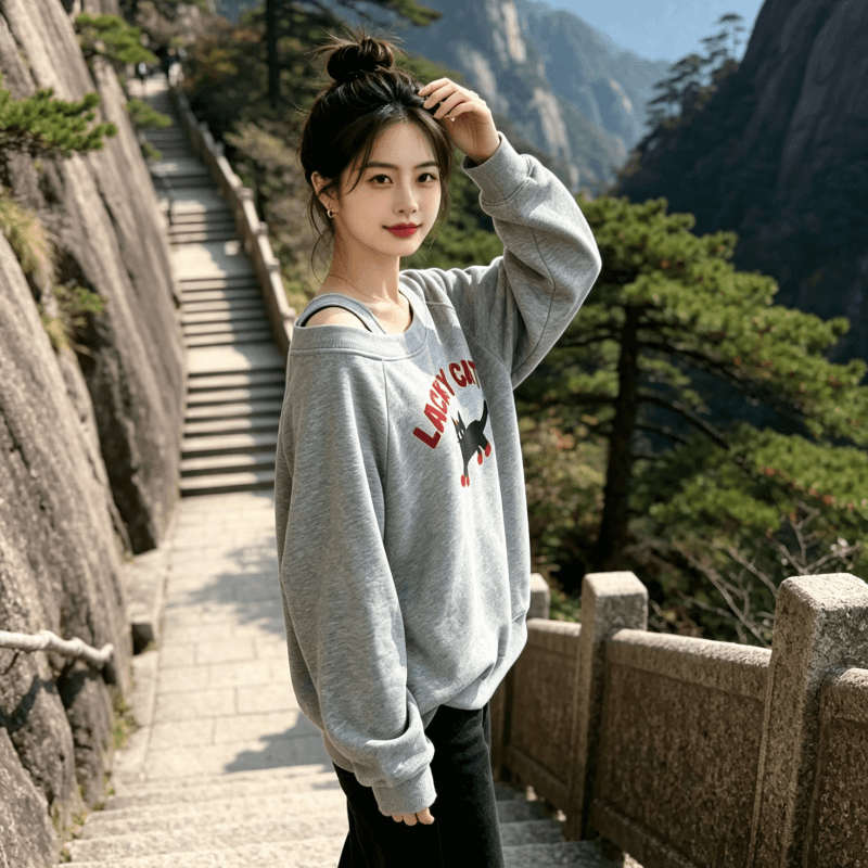 아메리칸 스타일 디자인 센스 Chic 오프숄더 비스듬한 어깨 가을 겨울 의류 후드티 느긋한 바람 프린트 여성 긴 소매 루즈핏 상세 이미지 4