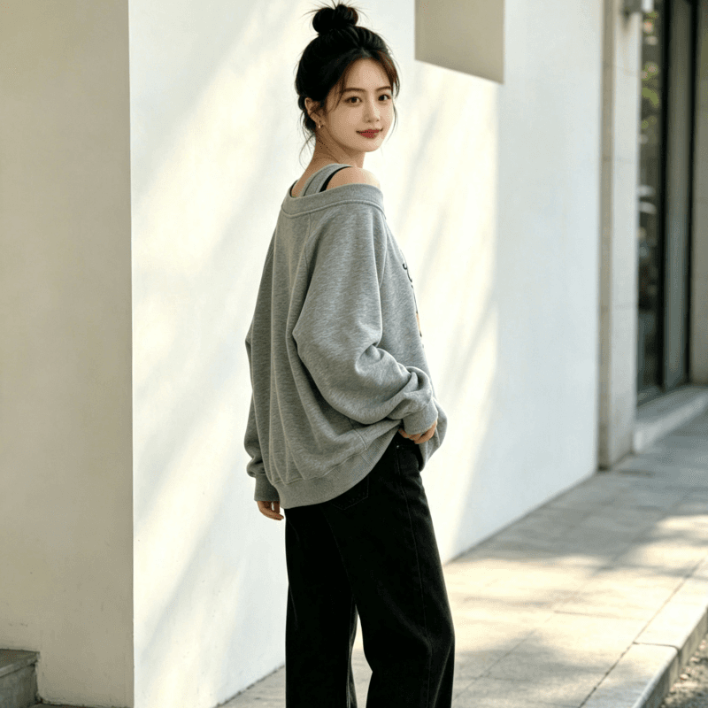 아메리칸 스타일 디자인 센스 Chic 오프숄더 비스듬한 어깨 가을 겨울 의류 후드티 느긋한 바람 프린트 여성 긴 소매 루즈핏 이미지 5