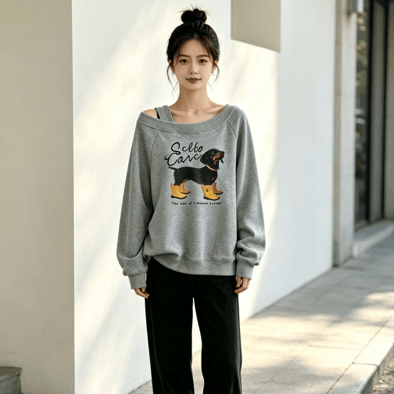 아메리칸 스타일 디자인 센스 Chic 오프숄더 비스듬한 어깨 가을 겨울 의류 후드티 느긋한 바람 프린트 여성 긴 소매 루즈핏 상세 이미지 3