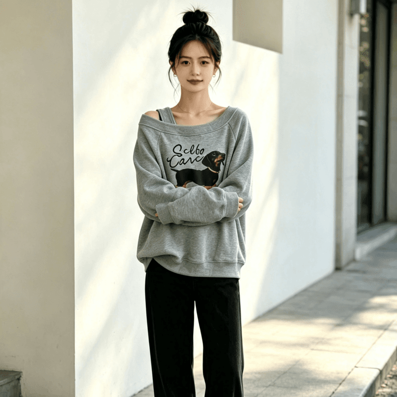 아메리칸 스타일 디자인 센스 Chic 오프숄더 비스듬한 어깨 가을 겨울 의류 후드티 느긋한 바람 프린트 여성 긴 소매 루즈핏 상세 이미지 4