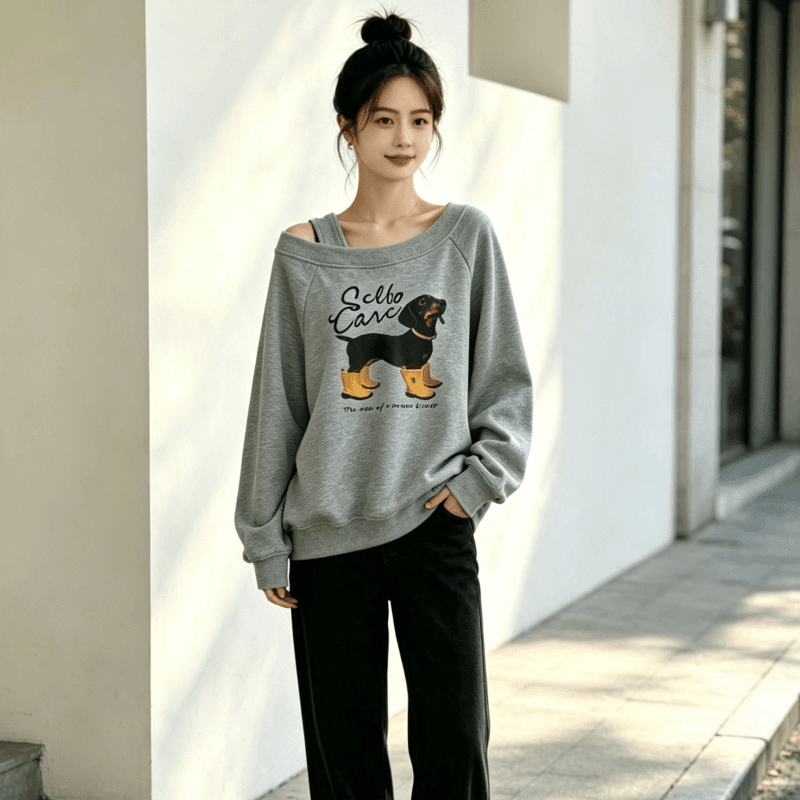 아메리칸 스타일 디자인 센스 Chic 오프숄더 비스듬한 어깨 가을 겨울 의류 후드티 느긋한 바람 프린트 여성 긴 소매 루즈핏 상세 이미지 5