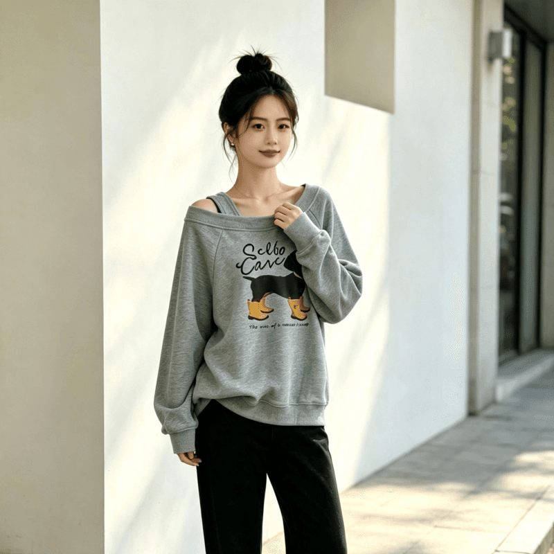 아메리칸 스타일 디자인 센스 Chic 오프숄더 비스듬한 어깨 가을 겨울 의류 후드티 느긋한 바람 프린트 여성 긴 소매 루즈핏 상세 이미지 6