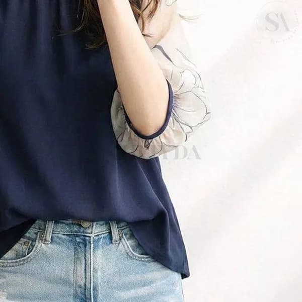 일본식 2026 여름 라운드 넥 패치워크 프린트 하프 시스루 5 점 소매 셔츠 맨위 이미지 4