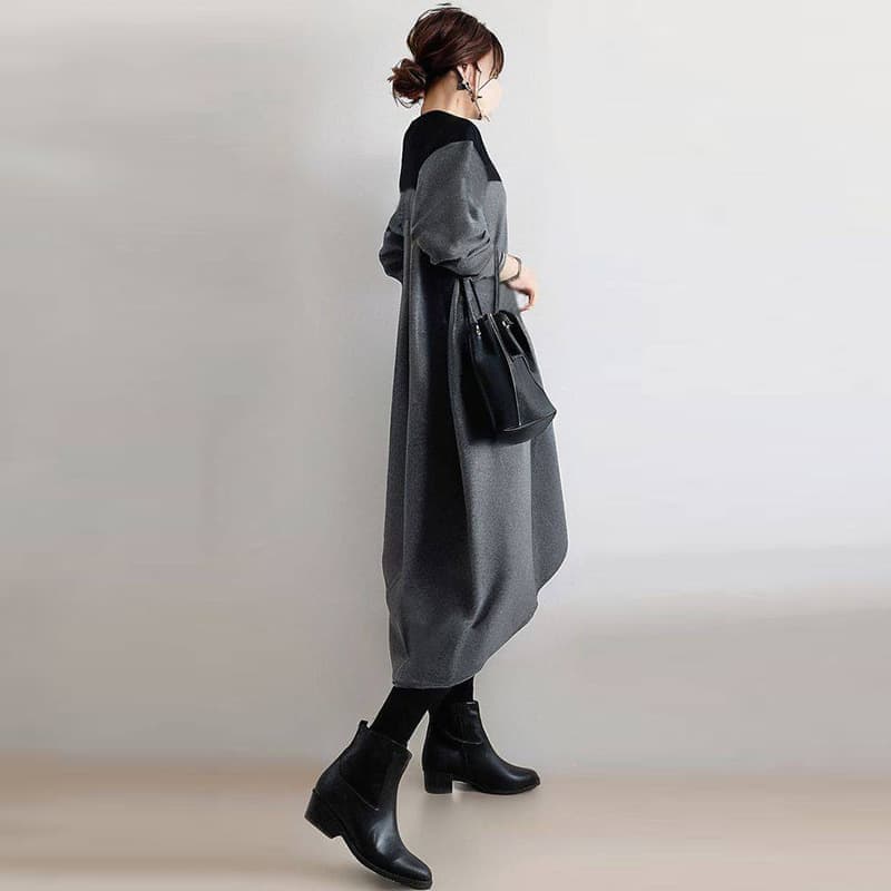 국경 간 일본과 한국 2026 가을 새로운 루즈핏 빅 사이즈 라운드 넥 패치워크 여성 드레스 dress 패션 캐주얼 슬림해 보이는 이미지 2