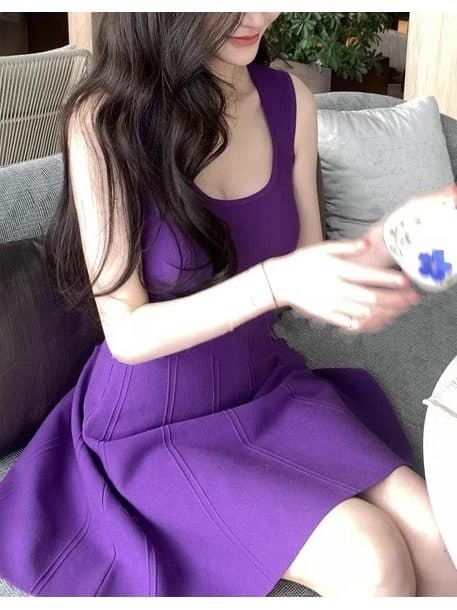 작은 키 여름 여성 몸매 가꾸기 고유 한 Chic 보라색 민소매 허리 수축 드레스 인사이드 가져 가라. 퍼프 한 마디 기본 스커트