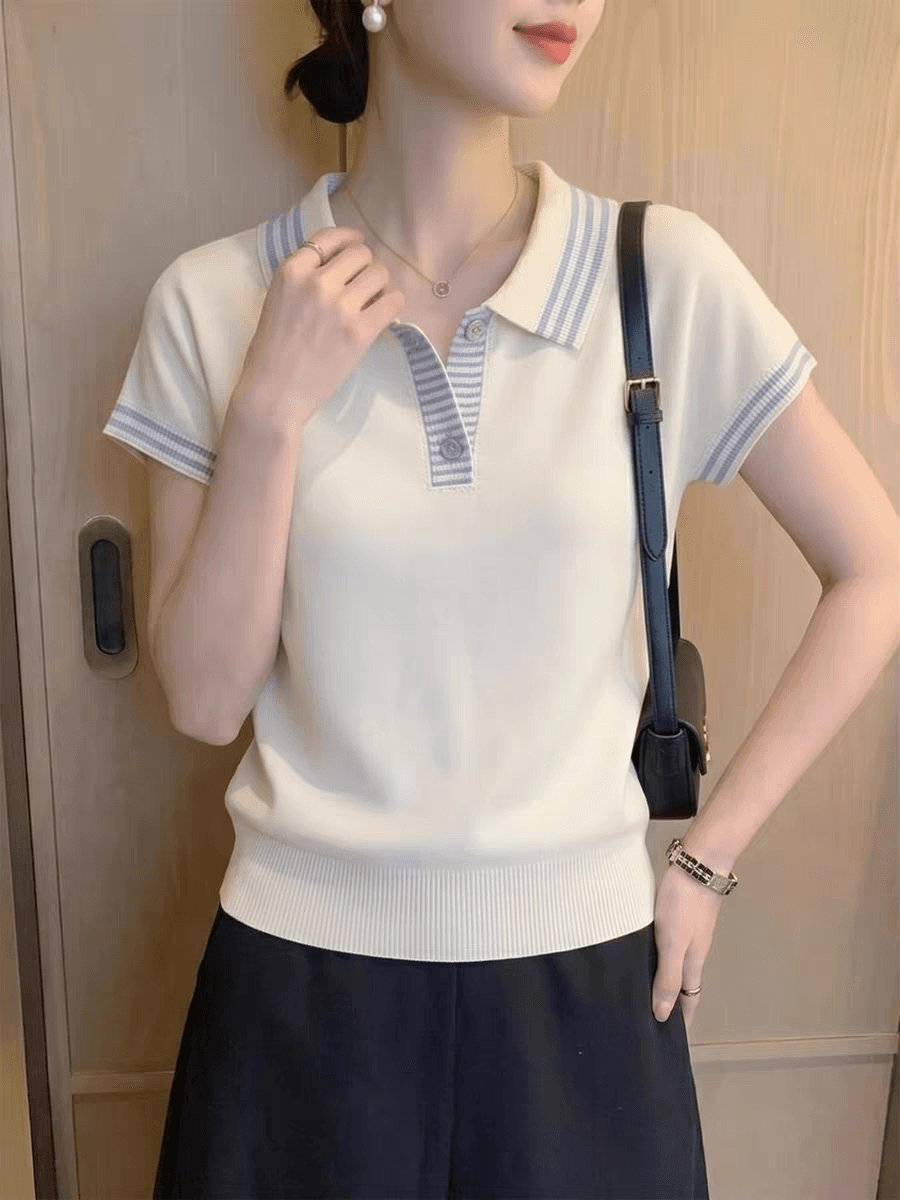 POLO 칼라 반팔 니트 스웨터 티셔츠 여성 여름 새로운 스트라이프 패치워크 슬림해 보이는 패션 긍정적 인 어깨 의류 출퇴근 바람 이미지 2