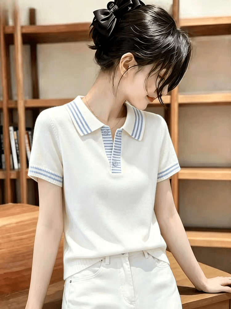 POLO 칼라 반팔 니트 스웨터 티셔츠 여성 여름 새로운 스트라이프 패치워크 슬림해 보이는 패션 긍정적 인 어깨 의류 출퇴근 바람 이미지 4