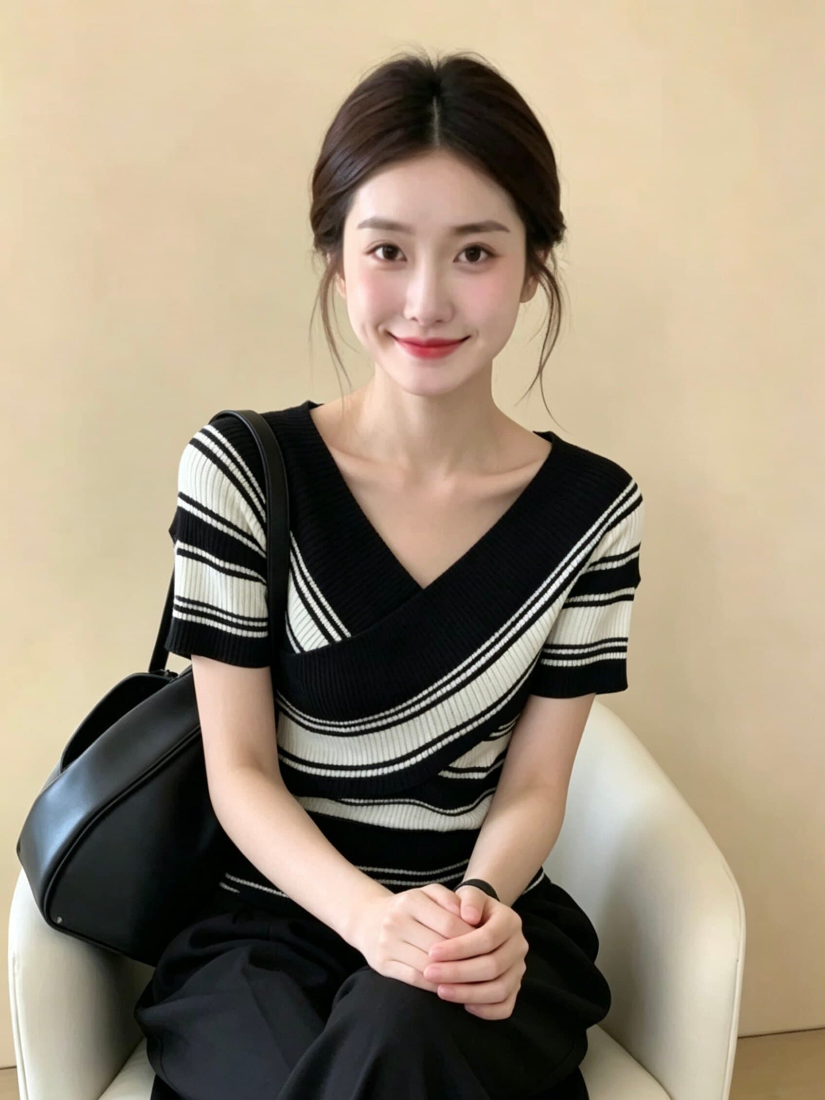 한 부서 고유 한 아름다운 흑백 줄무늬 V넥 쇼트 스타일 맨위 여성 2026 년 여름 새로운 얼음 실크 니트 반팔 상세 이미지 6
