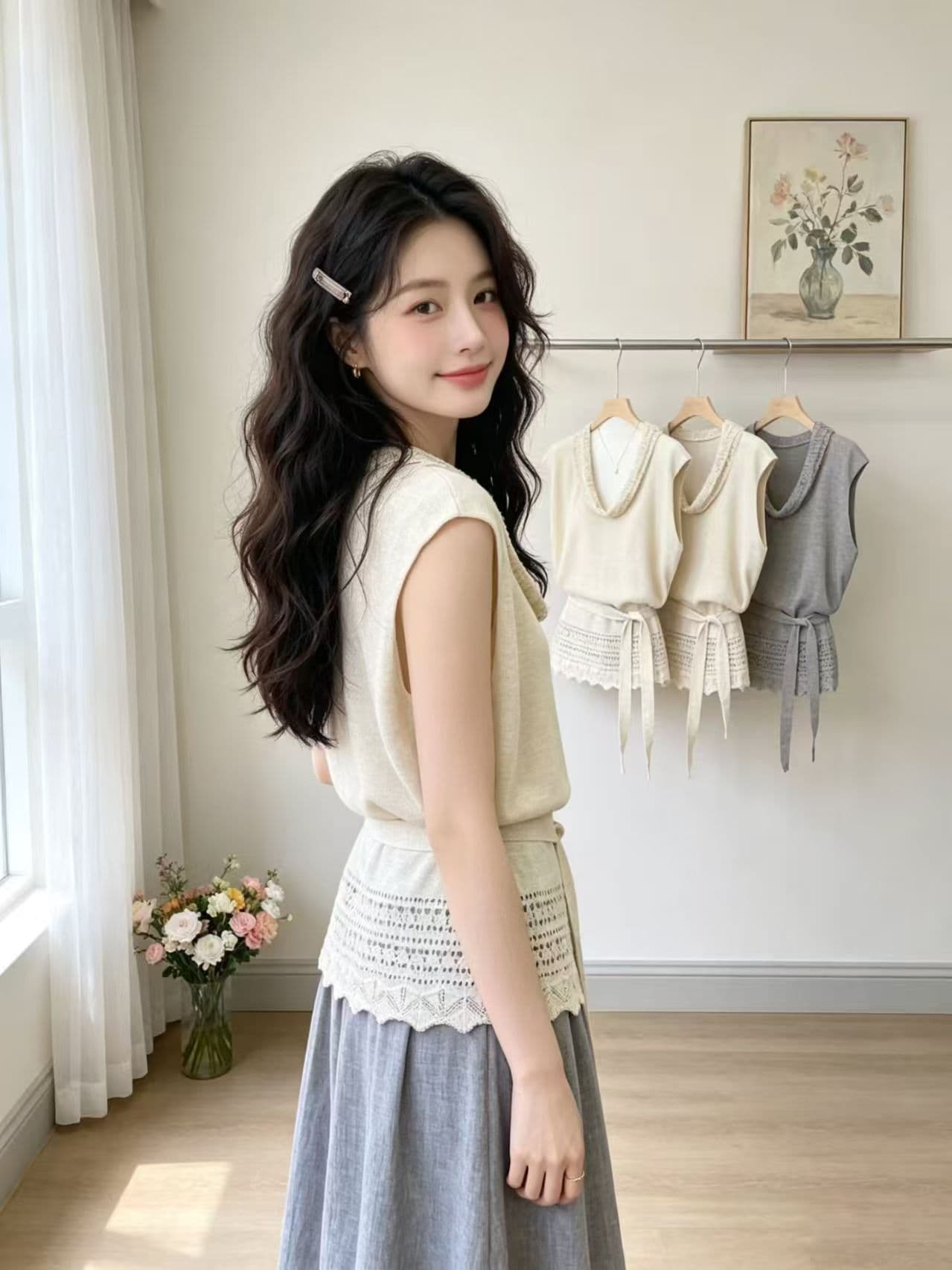 홀로우 아웃 레이스업 민소매 흔들다 칼라 니트 스웨터 여성 2026 여름 새로운 세련된 고유 한 Chic 맨위 상세 이미지 6