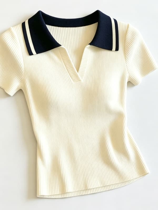 한 부서 POLO 칼라 배색 얼음 실크 반팔 니트 스웨터 여성 2026 여름 새로운 몸매 가꾸기 슬림해 보이는 외국 가스 짧은 맨위 상세 이미지 1