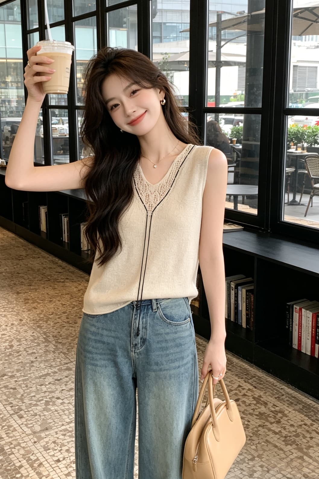 익스트림 제인 바람 V넥 술 조끼 여성 홀로우 아웃 세부 사항 디자인 다용도 슬림해 보이는 민소매 인사이드 잡아라. 의류 출퇴근 다용도 상세 이미지 3