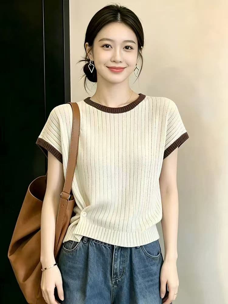 한국 스타일 배색 패치워크 라운드 넥 반팔 니트 스웨터 여성 여름 루즈핏 외국 가스 연령 감소 백 탑 출퇴근 맨위 여성 트렌디 이미지 3
