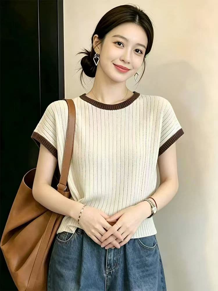 한국 스타일 배색 패치워크 라운드 넥 반팔 니트 스웨터 여성 여름 루즈핏 외국 가스 연령 감소 백 탑 출퇴근 맨위 여성 트렌디 이미지 2