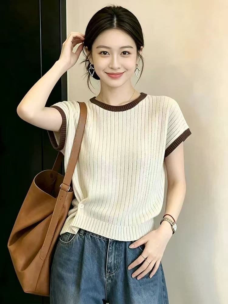 한국 스타일 배색 패치워크 라운드 넥 반팔 니트 스웨터 여성 여름 루즈핏 외국 가스 연령 감소 백 탑 출퇴근 맨위 여성 트렌디 상세 이미지 3