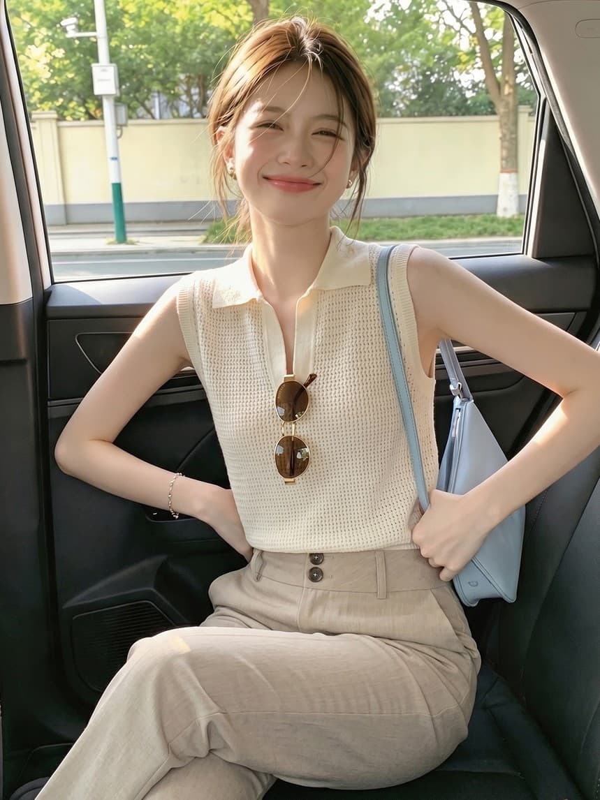 프랑스식 얼음 실크 홀로우 아웃 POLO 칼라 민소매 조끼 여성 여름 고유 한 품격 루즈핏 슬림해 보이는 다용도 어깨 맨위 이미지 2