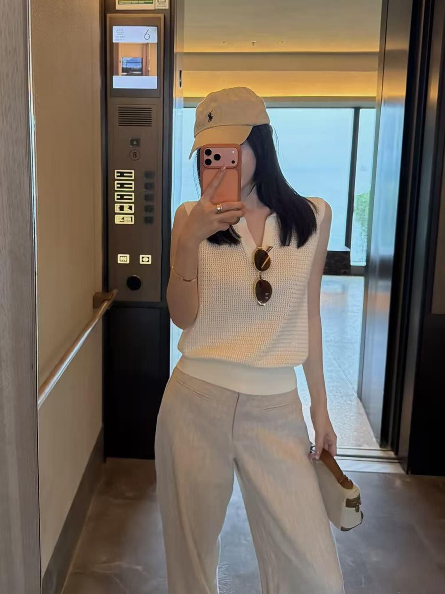 프랑스식 얼음 실크 홀로우 아웃 POLO 칼라 민소매 조끼 여성 여름 고유 한 품격 루즈핏 슬림해 보이는 다용도 어깨 맨위 상세 이미지 4
