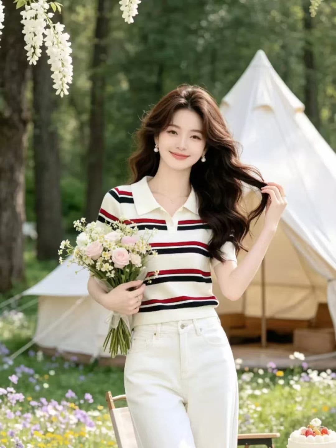 한 부서 출퇴근 바람 디자인 센스 스트라이프 폴로 칼라 반팔 니트 스웨터 여성 여름 새로운 작은 키 배색 맨위 트렌디 이미지 2