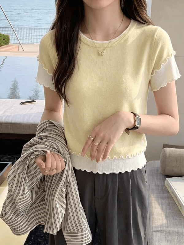 유럽 상품 회색 라운드 넥 풀오버 얼음 실크 니트 반팔 티셔츠 여성 여름 슈퍼 화재 폭발 프릴 패치워크 맨위 상세 이미지 2