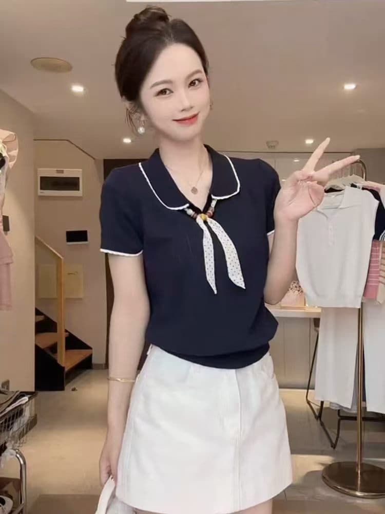 부드러운 바람 파란색 폴로 칼라 경기 스카프 반팔 니트 스웨터 여름 얇은 스타일 고유 한 아름다운 슬림해 보이는 POLO 셔츠 맨위 이미지 4