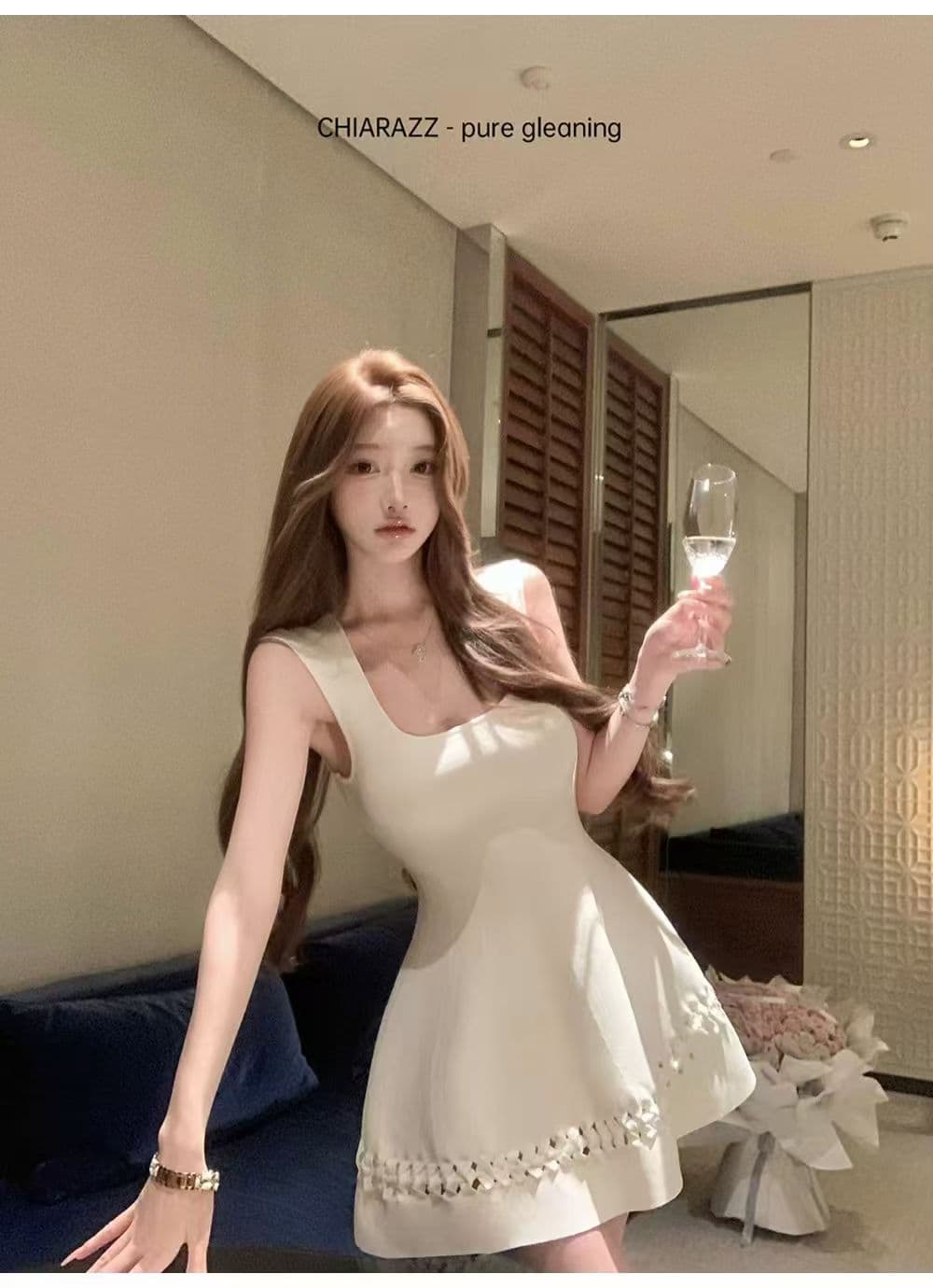 화이트 광장 칼라 니트 슬립 여성 드레스 여름 프랑스식 고급 센스 몸매 가꾸기 허리 수축 작은 키 한 마디 미니 스커트 이미지 2