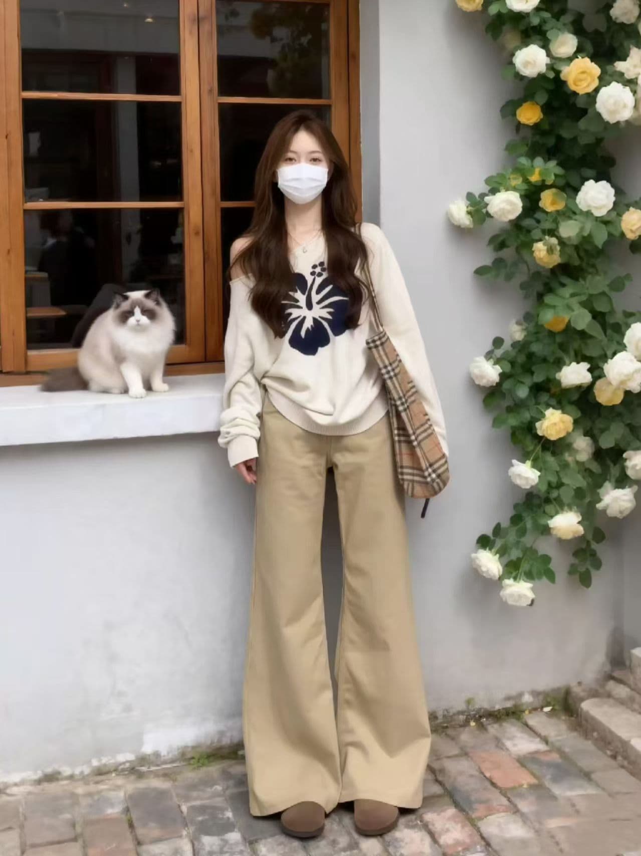 한 부서 꽃무늬 프린트 비스듬한 어깨 긴팔 니트 스웨터 여성 가을 루즈핏 느긋한 바람 느슨함 센스 다용도 오프숄더 맨위 상세 이미지 3