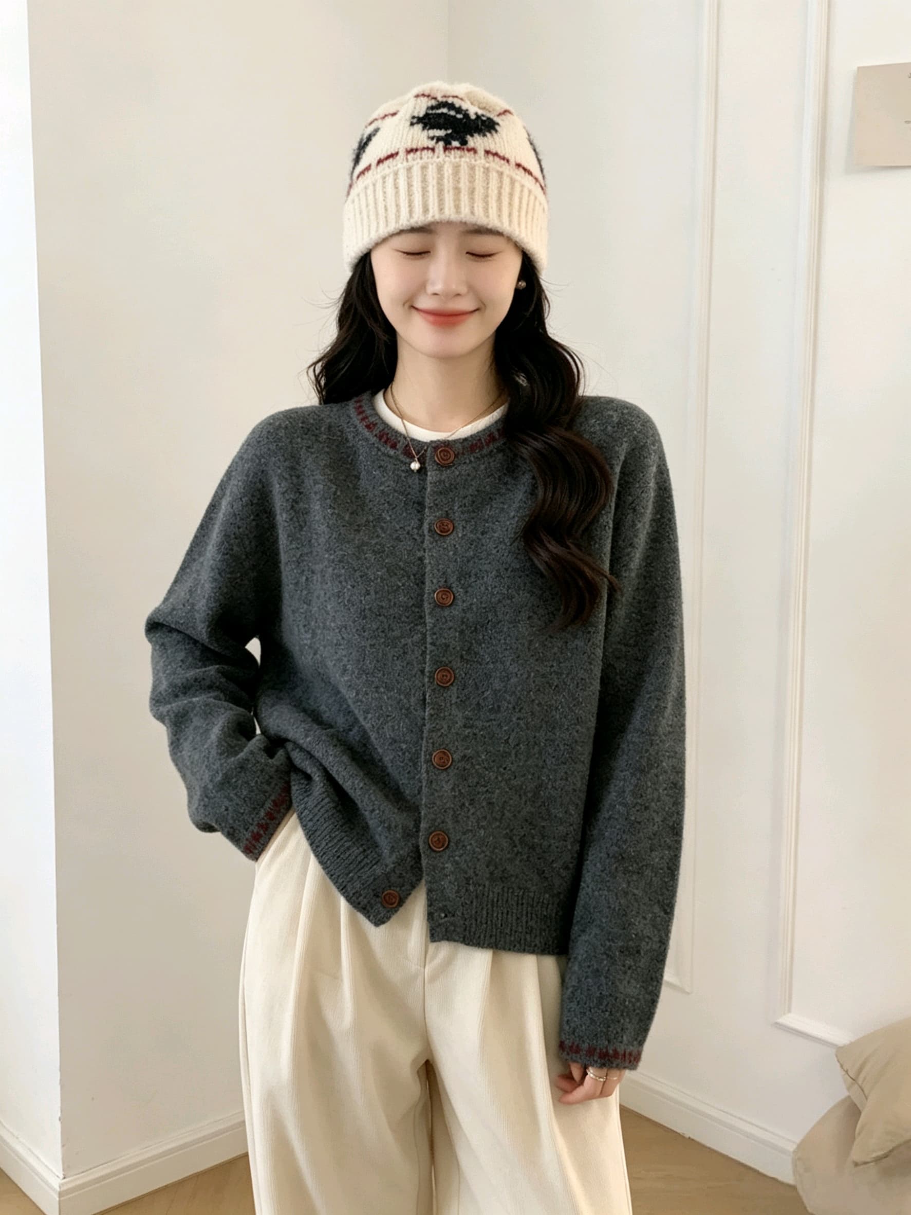 민족 스타일 회색 레트로 니트 오픈 가디건 여성 가을 2026 새로운 루즈핏 스웨터 코트 Chic 외부 잡아라. 의류 상세 이미지 4