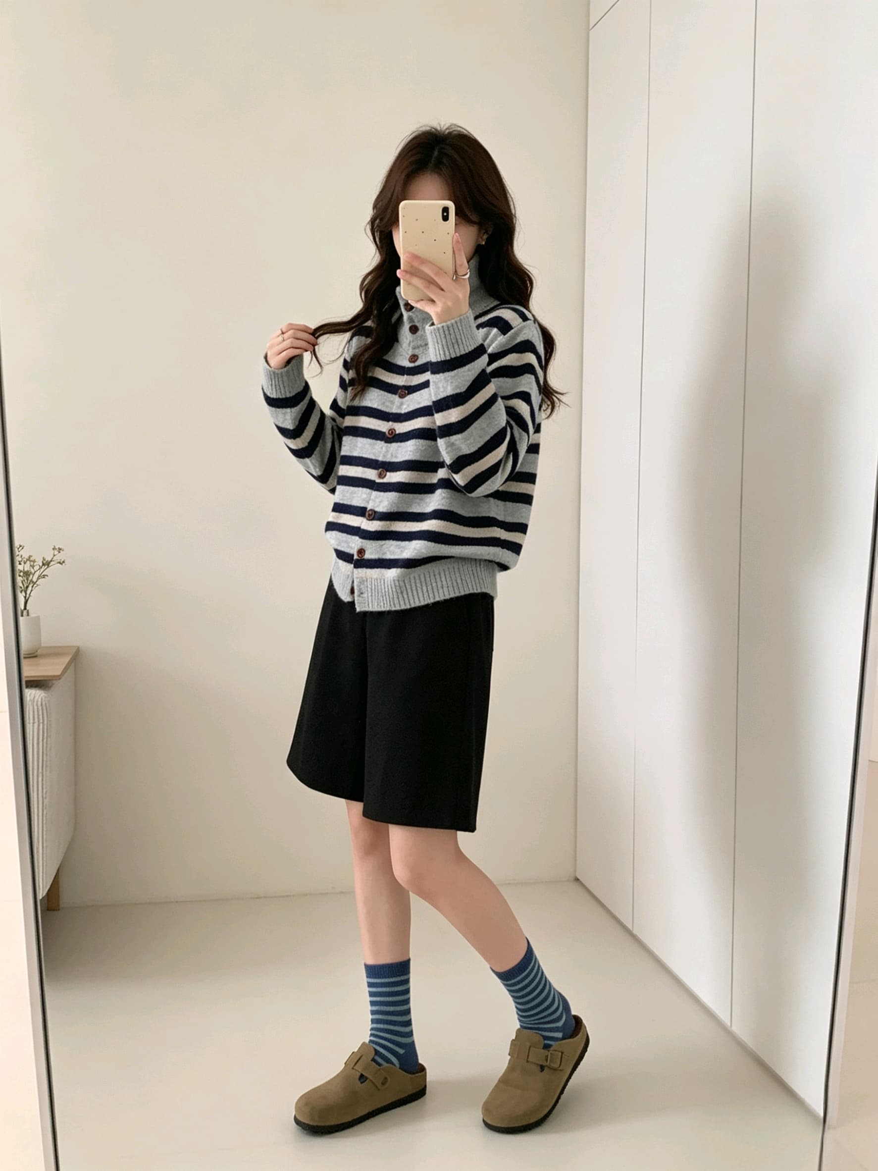 가을 겨울 새로운 여성 한국 스타일 루즈핏 패션 터틀넥 오픈 가디건 다용도 캐주얼 싱글 줄 버튼 스트라이프 스웨터 스웨터 코트 상세 이미지 3