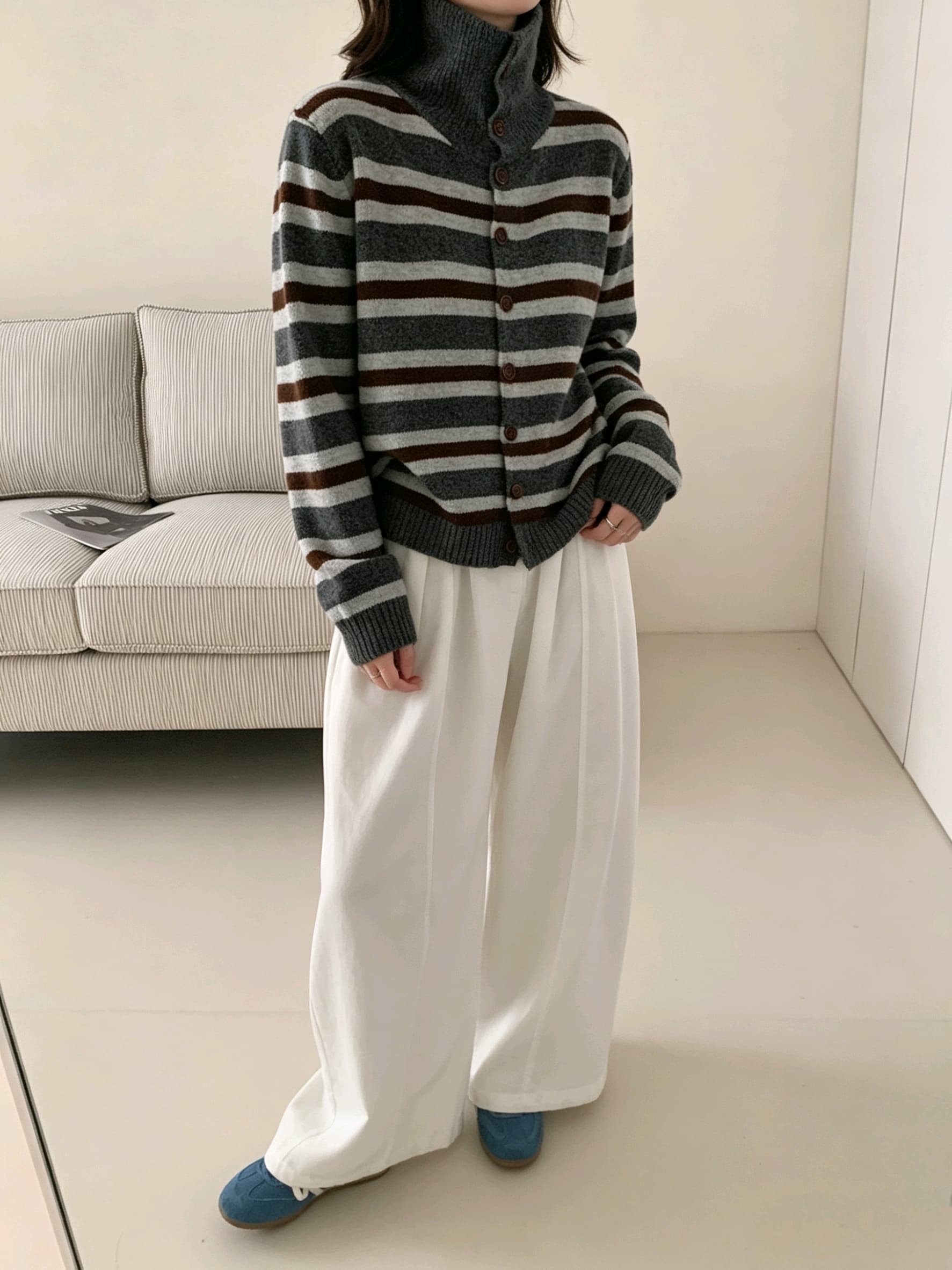 가을 겨울 새로운 여성 한국 스타일 루즈핏 패션 터틀넥 오픈 가디건 다용도 캐주얼 싱글 줄 버튼 스트라이프 스웨터 스웨터 코트 상세 이미지 6