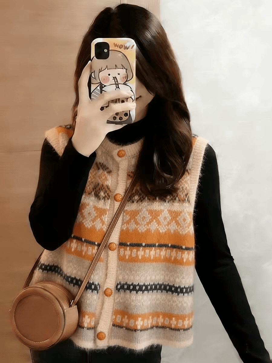 한 부서 레트로 학원 스타일 다이아몬드 모양 자카드 스웨터 베스트 여성 짧은 스택 착용 외부 가져 가라. 민소매 니트 오픈 가디건 조끼 이미지 2