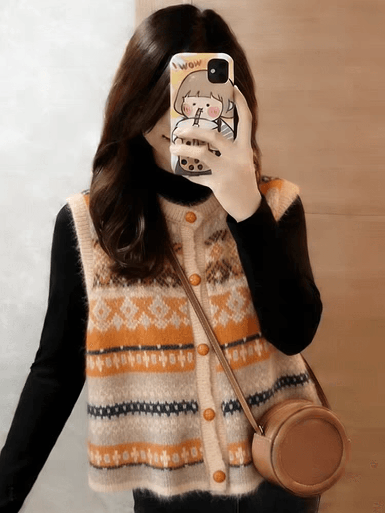 한 부서 레트로 학원 스타일 다이아몬드 모양 자카드 스웨터 베스트 여성 짧은 스택 착용 외부 가져 가라. 민소매 니트 오픈 가디건 조끼 상세 이미지 1
