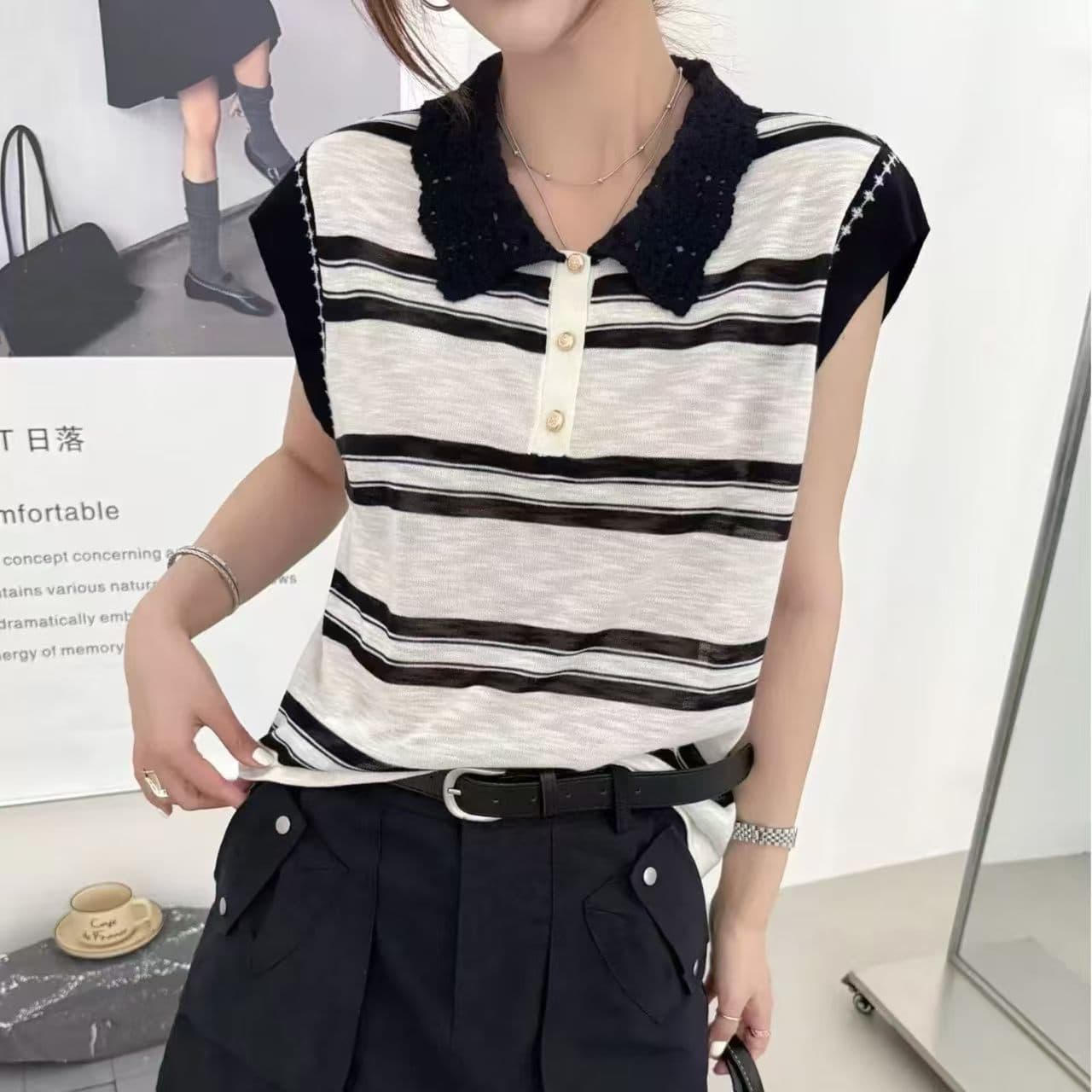 레이스 베이비 칼라 스트라이프 조끼 여성 루즈핏 여름 패션 한 부서 민소매 어깨 Feifei 소매 짠 셔츠 맨위 상세 이미지 2