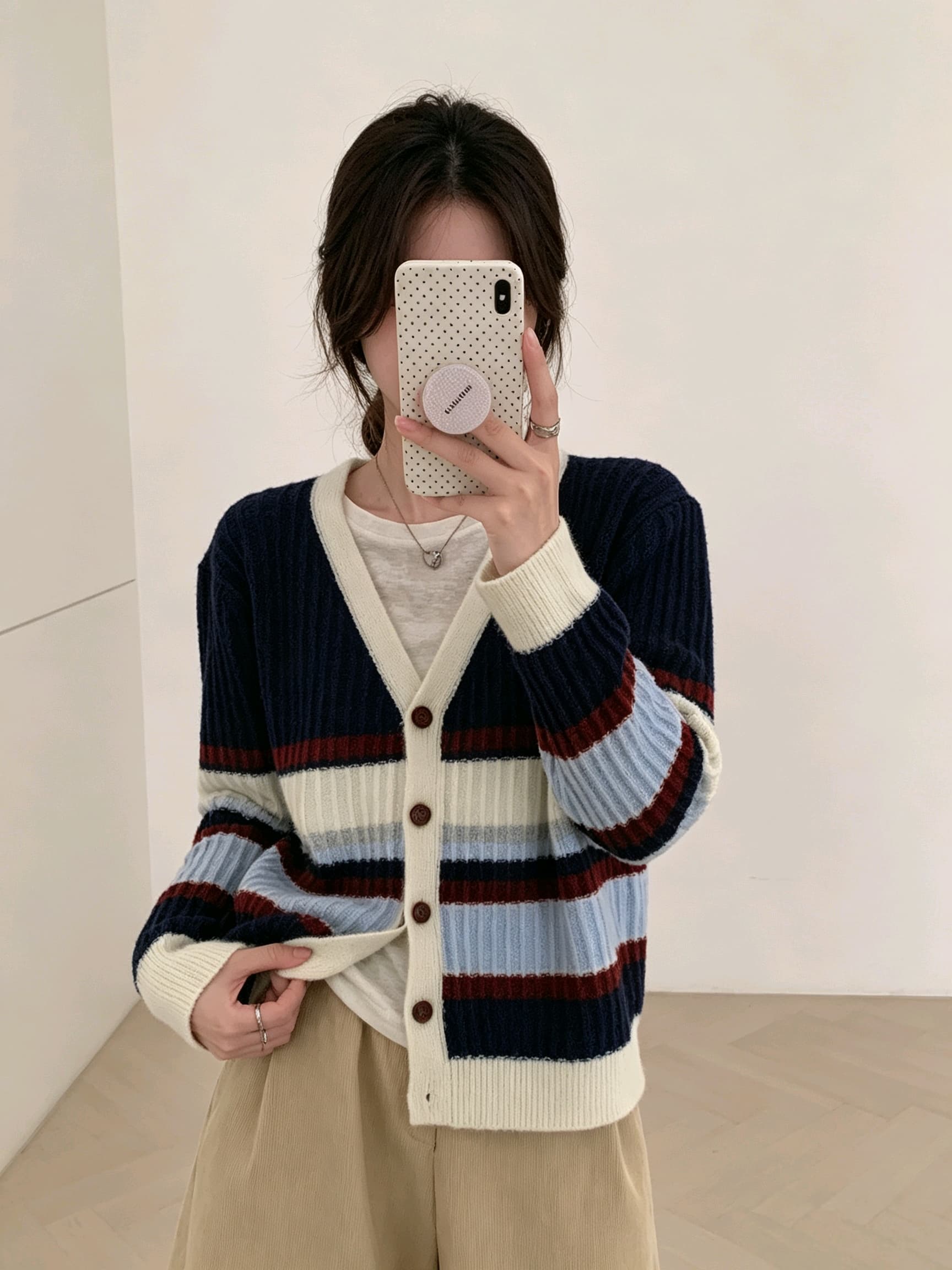 가을 겨울 새로운 V넥 양모 오픈 가디건 여성 루즈핏 한국 스타일 스트라이프 얇은 스타일 패치워크 색상 니트 스웨터 슬림해 보이는 연령 감소 외부 가져 가라. 이미지 3