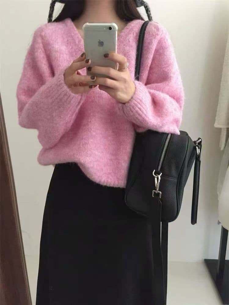 한 부서 가을 겨울 새로운 풀오버 스웨터 여자 V넥 루즈핏 단색 고급 센스 부드러운 찹쌀 느긋한 니트 여성 의류 맨위 상세 이미지 1