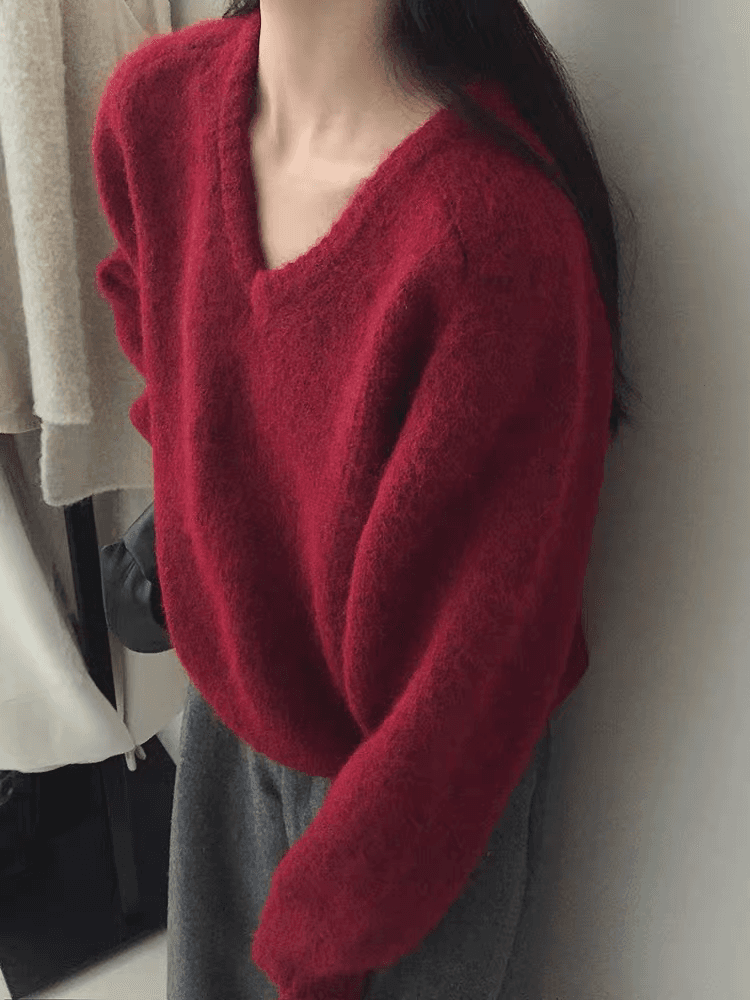 한 부서 가을 겨울 새로운 풀오버 스웨터 여자 V넥 루즈핏 단색 고급 센스 부드러운 찹쌀 느긋한 니트 여성 의류 맨위 상세 이미지 5