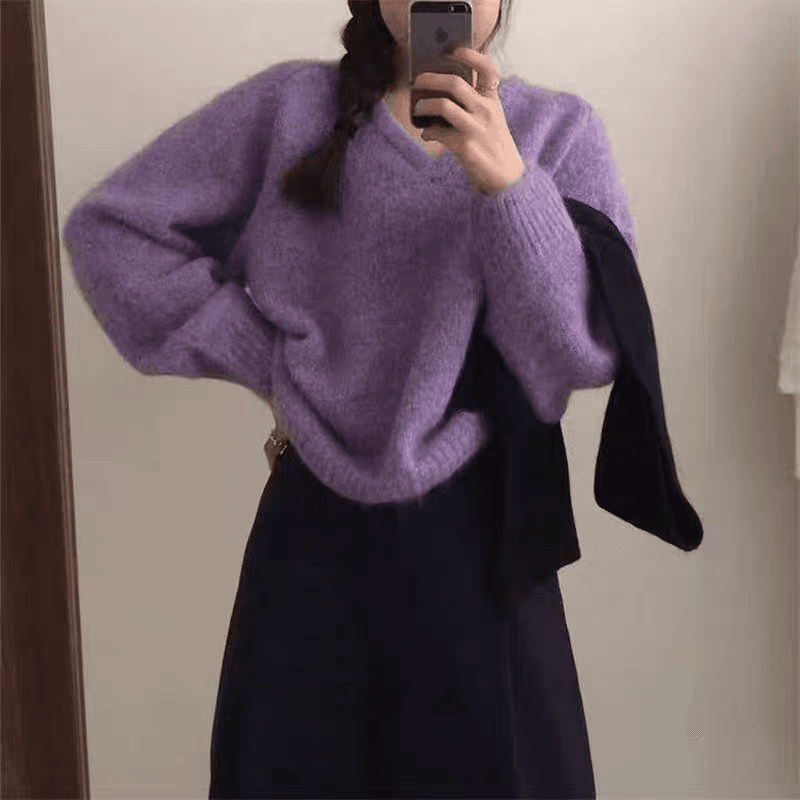 한 부서 가을 겨울 새로운 풀오버 스웨터 여자 V넥 루즈핏 단색 고급 센스 부드러운 찹쌀 느긋한 니트 여성 의류 맨위 상세 이미지 6