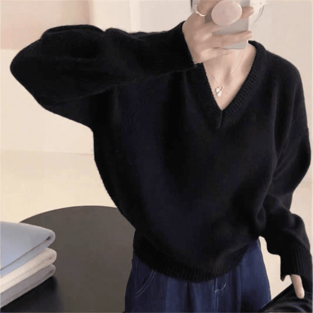 한 부서 가을 겨울 새로운 풀오버 스웨터 여자 V넥 루즈핏 단색 고급 센스 부드러운 찹쌀 느긋한 니트 여성 의류 맨위 상세 이미지 7