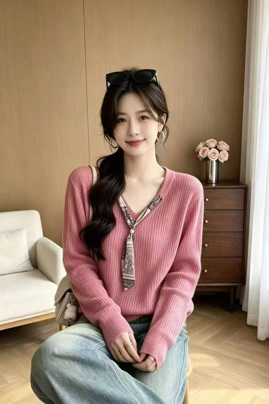 한국 스타일 스카프 V넥 니트 스웨터 여성 2026 새로운 여름 패션 외국 가스 슬림해 보이는 맨위 상세 이미지 5